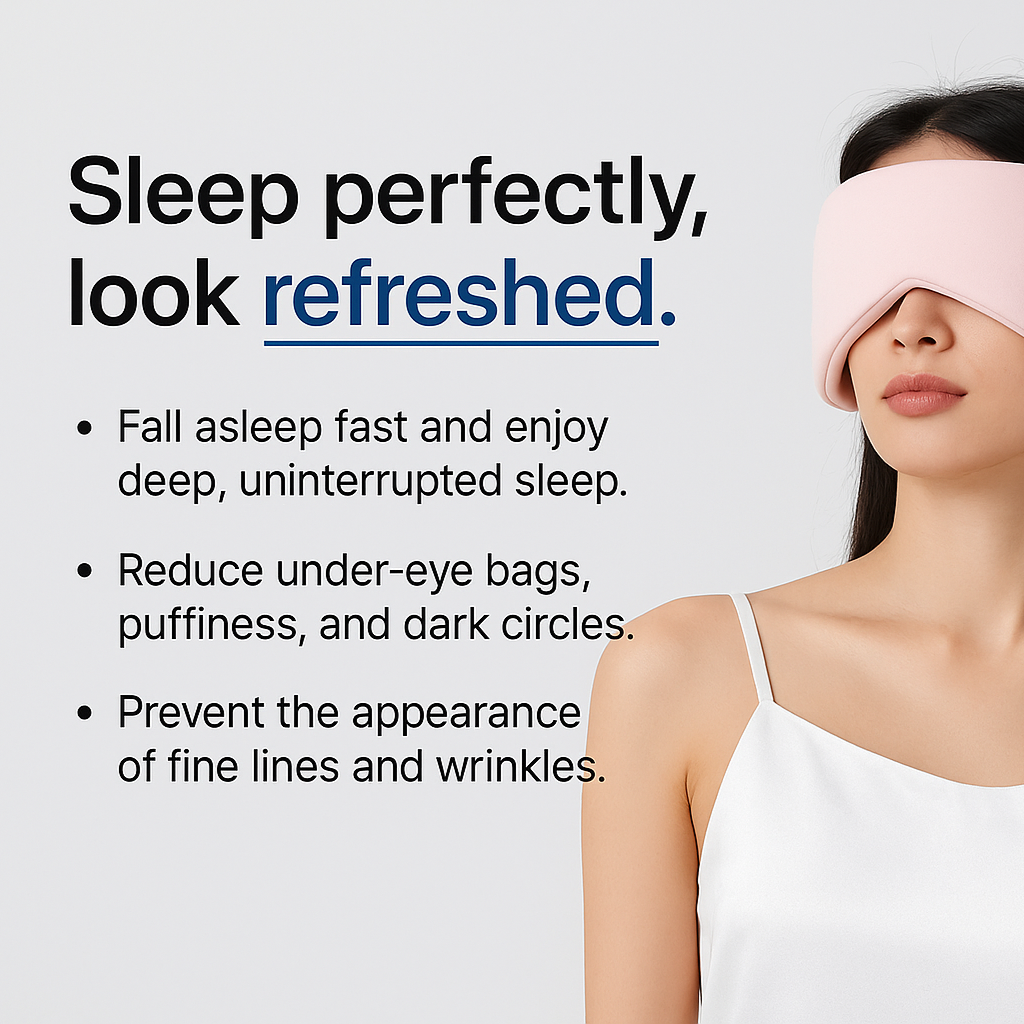 Square format image with same layout - text left, pink sleep mask right